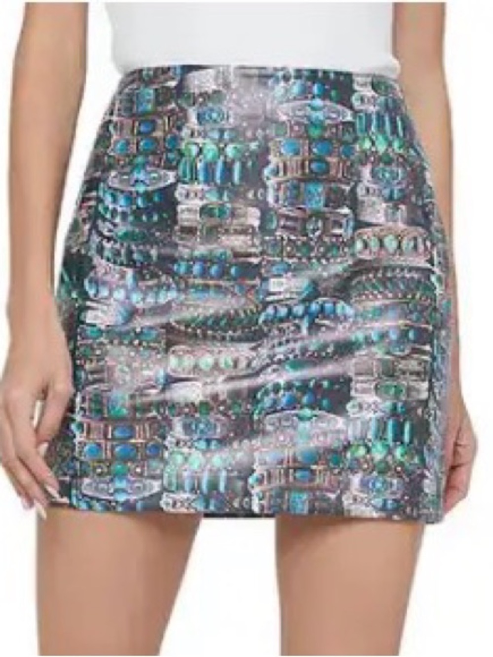 L'AGENCE Black Mini Skirt with Teal and Aqua Jewel Print
